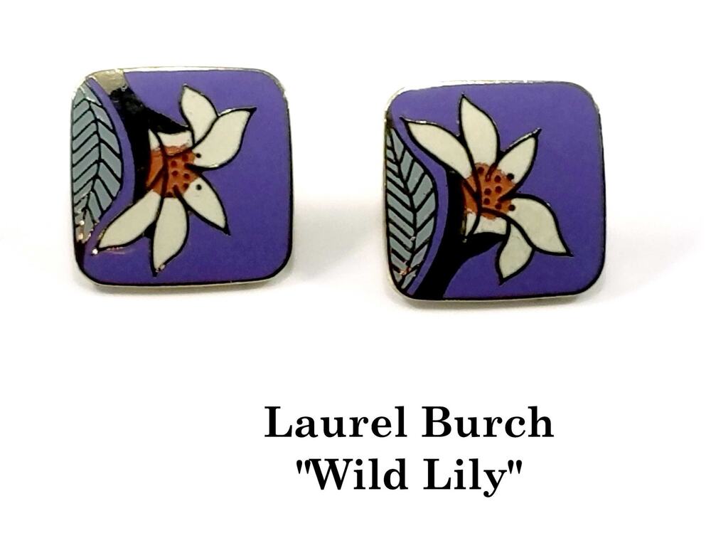 Laurel Burch Wild Lily Earrings Cloisonne Lavender Floral Clip Vintage